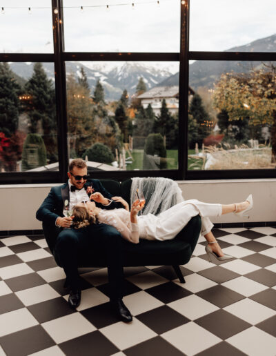 Relaxed bridal Couple on their mountain wedding