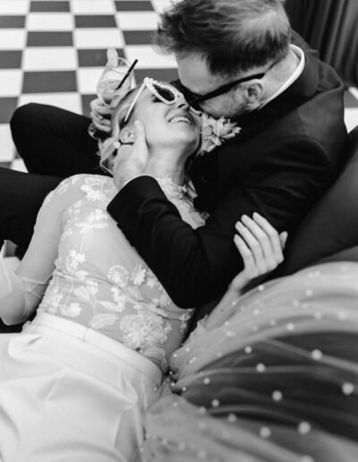 Bridal couple at the relaxed reception at their mountain wedding