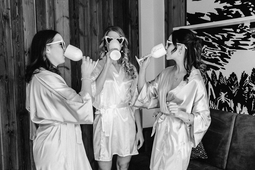 Bride and her bridesmaids getting ready for their mountain wedding
