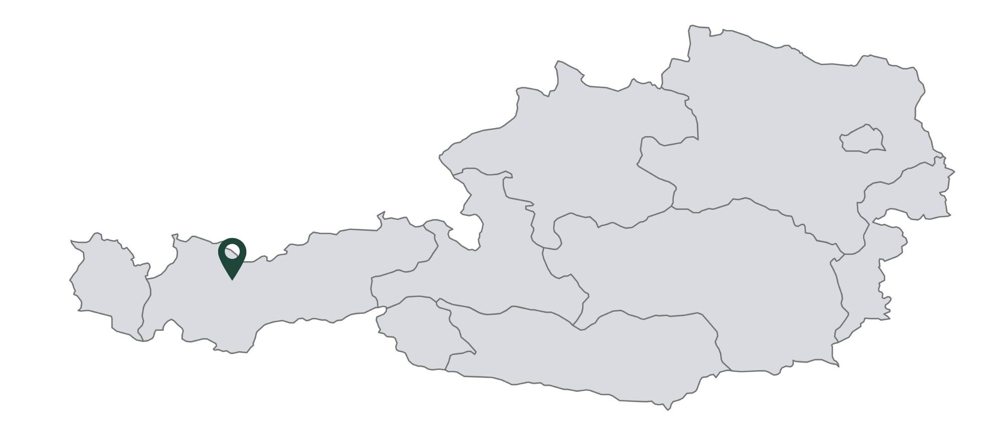 Karte von Österreich mit einer Ortsnadel im Westen, die eine Berghochzeit Hochzeitslocation im Bundesland Salzburg anzeigt - perfekt für Ihre Winterhochzeit.